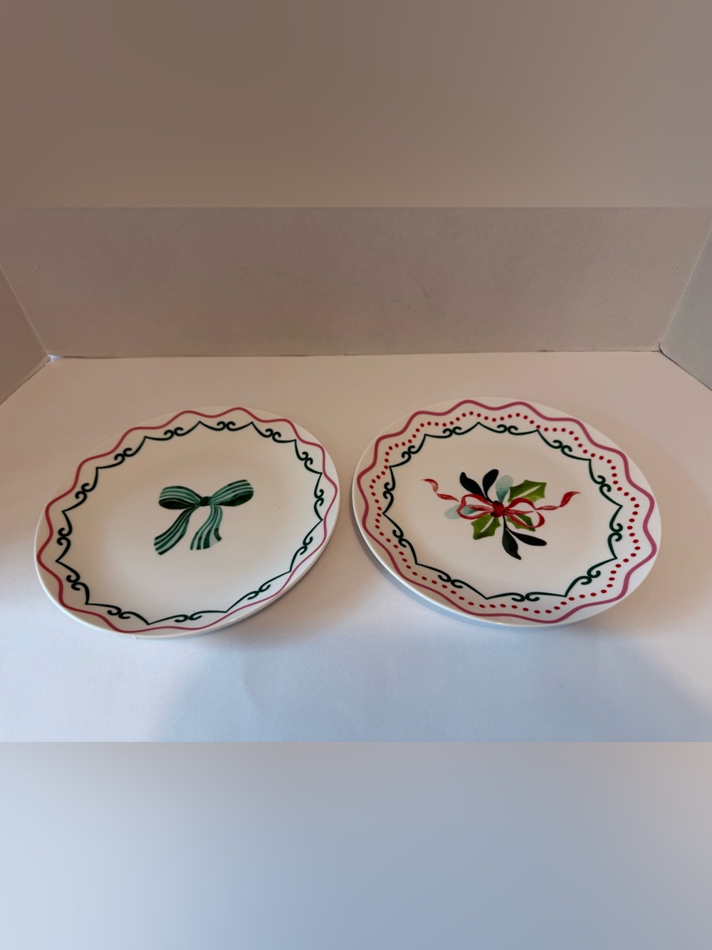 Harvest Green studio England bow green pink porcelain plates set of 2
